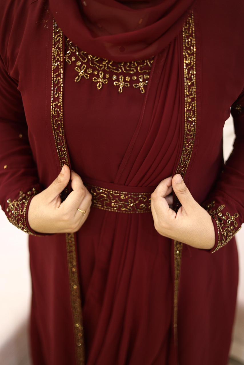 Heavy Hand worked Saree Drape gown + Shrug with inner